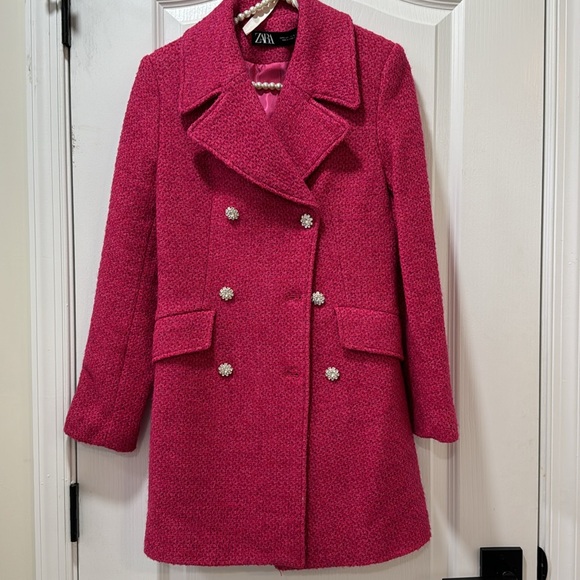 ZARA Fuchsia Tweed Coat with Embellishmenthments - Picture 2 of 5